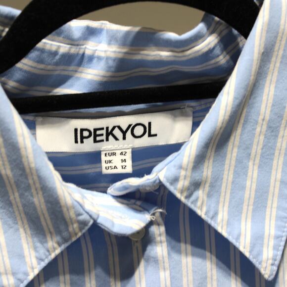 IPEKYOL Poplin Blouse Button Down w Belt Detail Blue White Size 42 - Picture 11 of 11
